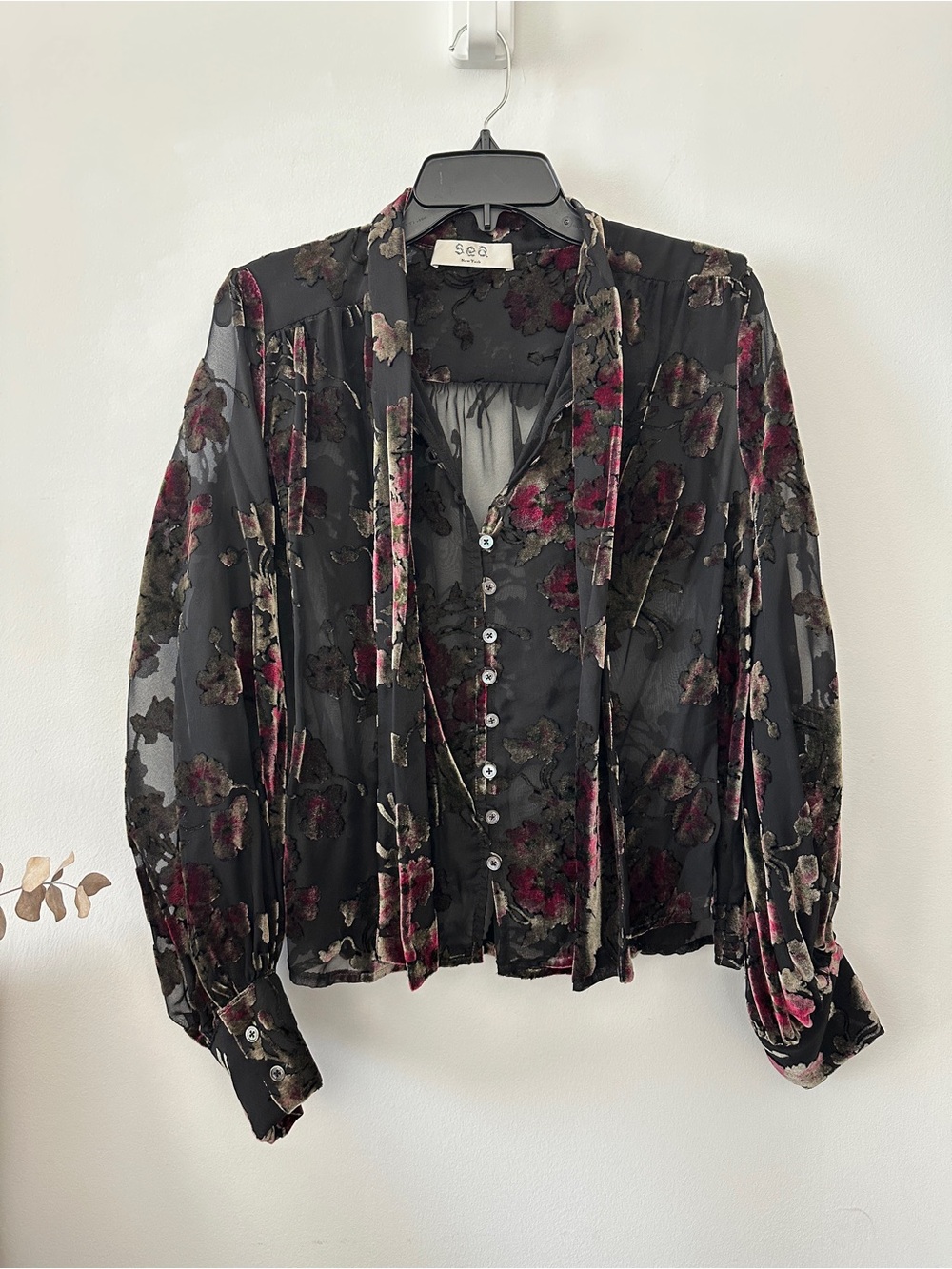 Sea Sheer Velvet Burnout Floral Tie-Neck Blouse in Black and Burgundy